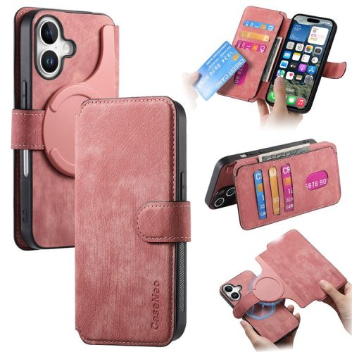 CASENEO For iPhone 16 Case Detachable Wallet Leather+TPU Phone Cover - Pink