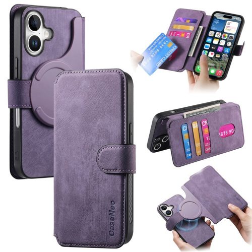 CASENEO For iPhone 16 Case Detachable Wallet Leather+TPU Phone Cover - Purple