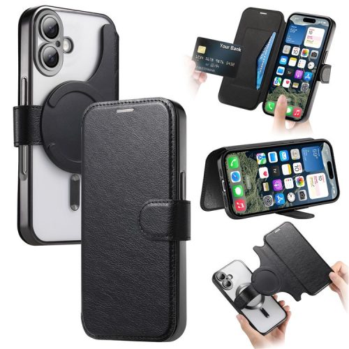 CASENEO For iPhone 16 Case with Lens Film TPU Inner Shell Detachable Leather Phone Cover - Black