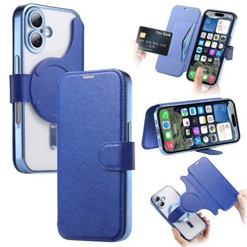 CASENEO For iPhone 16 Case with Lens Film TPU Inner Shell Detachable Leather Phone Cover - Blue