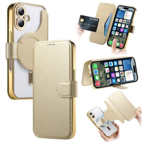 CASENEO For iPhone 16 Case with Lens Film TPU Inner Shell Detachable Leather Phone Cover - Gold