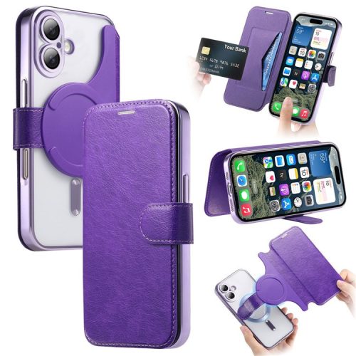 CASENEO For iPhone 16 Case with Lens Film TPU Inner Shell Detachable Leather Phone Cover - Light Purple