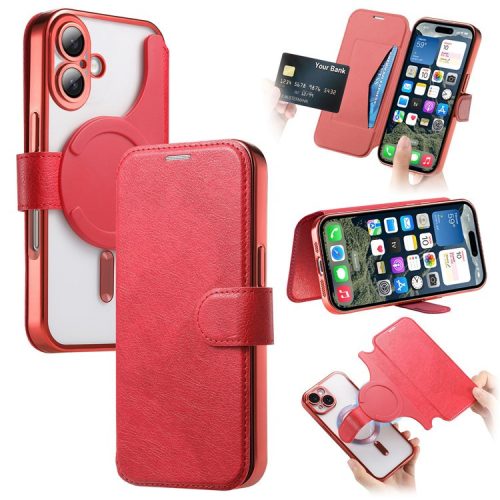 CASENEO For iPhone 16 Case with Lens Film TPU Inner Shell Detachable Leather Phone Cover - Red