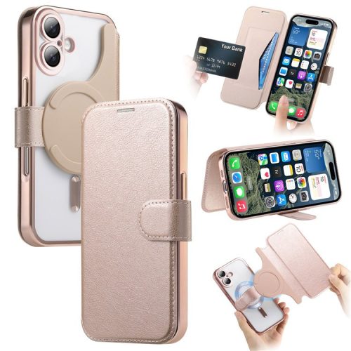 CASENEO For iPhone 16 Case with Lens Film TPU Inner Shell Detachable Leather Phone Cover - Rose Gold