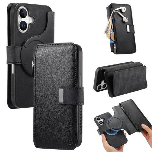 CASENEO MW-02 For iPhone 16 Leather Case Detachable Magnetic Phone Cover - Black