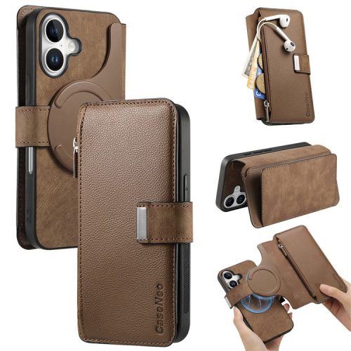 CASENEO MW-02 For iPhone 16 Leather Case Detachable Magnetic Phone Cover - Brown