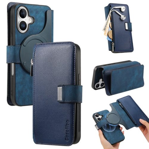 CASENEO MW-02 For iPhone 16 Leather Case Detachable Magnetic Phone Cover - Dark Blue