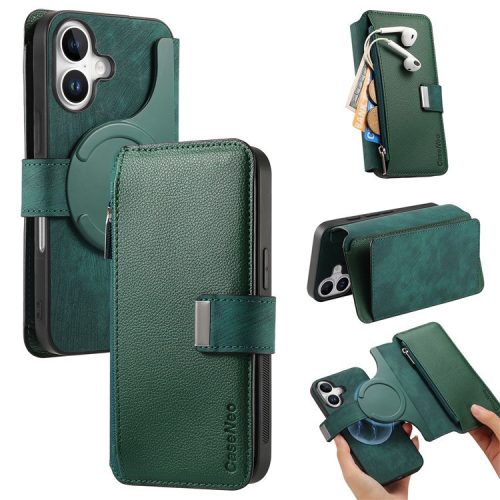 CASENEO MW-02 For iPhone 16 Leather Case Detachable Magnetic Phone Cover - Green