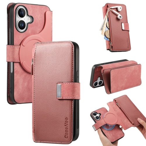 CASENEO MW-02 For iPhone 16 Leather Case Detachable Magnetic Phone Cover - Pink