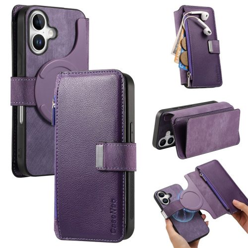 CASENEO MW-02 For iPhone 16 Leather Case Detachable Magnetic Phone Cover - Purple