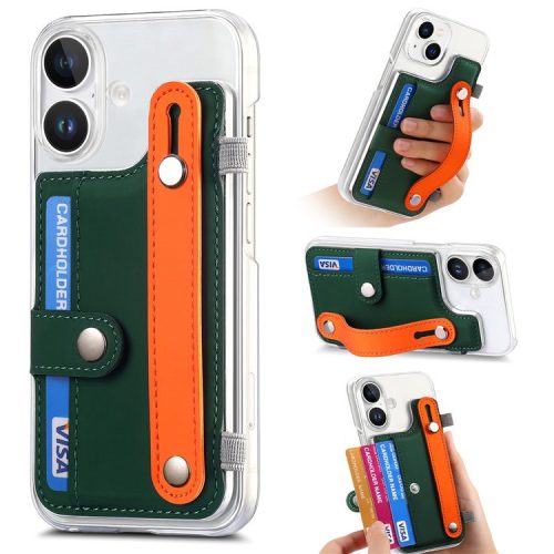 CY1 For iPhone 16 Case Card Slot Wristband Kickstand Leather+PC Phone Cover - Green