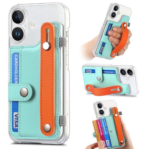 CY1 For iPhone 16 Case Card Slot Wristband Kickstand Leather+PC Phone Cover - Mint Green