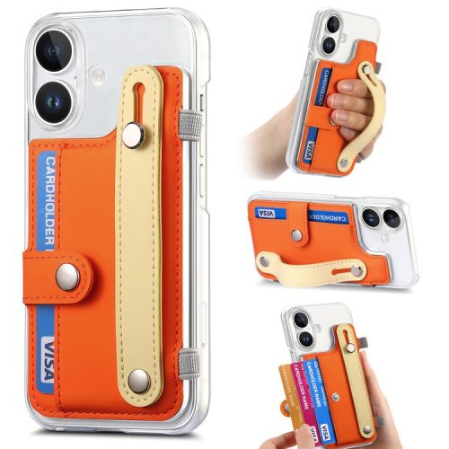 CY1 For iPhone 16 Case Card Slot Wristband Kickstand Leather+PC Phone Cover - Orange