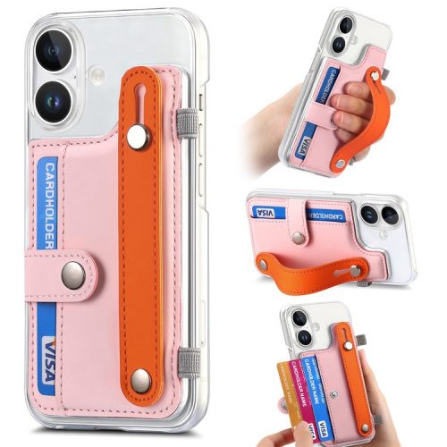 CY1 For iPhone 16 Case Card Slot Wristband Kickstand Leather+PC Phone Cover - Pink