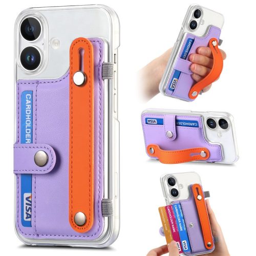 CY1 For iPhone 16 Case Card Slot Wristband Kickstand Leather+PC Phone Cover - Purple