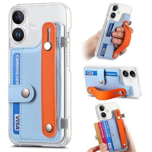 CY1 For iPhone 16 Case Card Slot Wristband Kickstand Leather+PC Phone Cover - Sky Blue