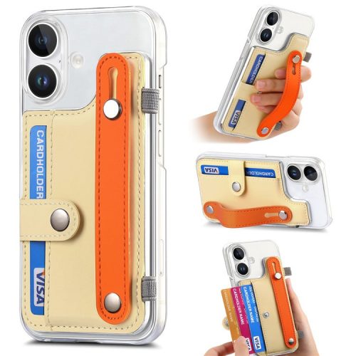 CY1 For iPhone 16 Case Card Slot Wristband Kickstand Leather+PC Phone Cover - Yellow