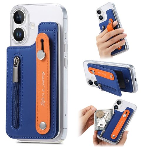 CY2 For iPhone 16 Case Wristband Leather+PC Zipper Pocket Phone Cover RFID Blocking - Dark Blue