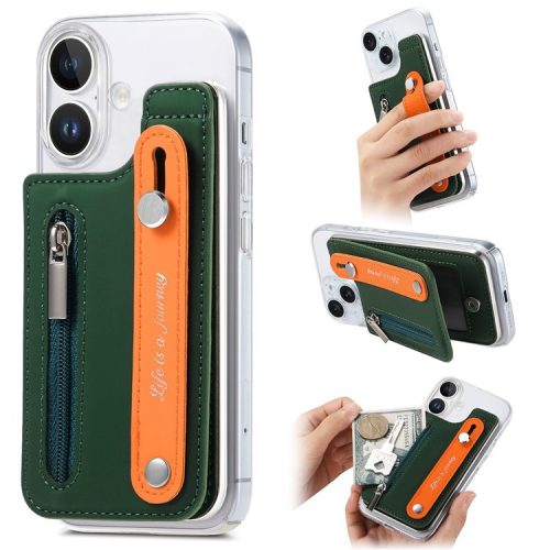 CY2 For iPhone 16 Case Wristband Leather+PC Zipper Pocket Phone Cover RFID Blocking - Green