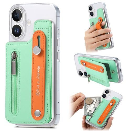 CY2 For iPhone 16 Case Wristband Leather+PC Zipper Pocket Phone Cover RFID Blocking - Mint Green