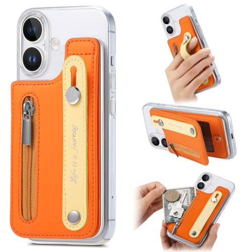 CY2 For iPhone 16 Case Wristband Leather+PC Zipper Pocket Phone Cover RFID Blocking - Orange