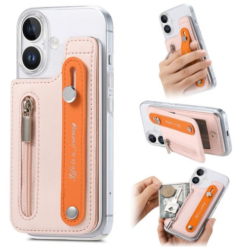 CY2 For iPhone 16 Case Wristband Leather+PC Zipper Pocket Phone Cover RFID Blocking - Pink