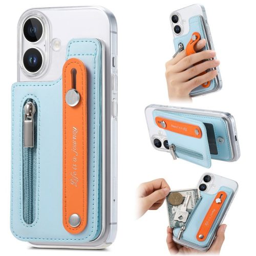 CY2 For iPhone 16 Case Wristband Leather+PC Zipper Pocket Phone Cover RFID Blocking - Sky Blue