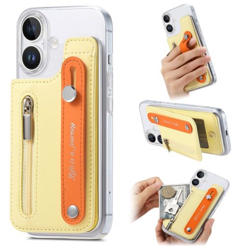 CY2 For iPhone 16 Case Wristband Leather+PC Zipper Pocket Phone Cover RFID Blocking - Yellow