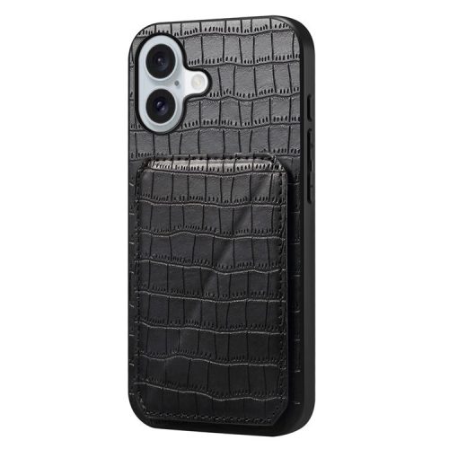 D03 Style For iPhone 16 Kickstand Case Crocodile Texture PU+PC+TPU Phone Cover with Card Slot - Black