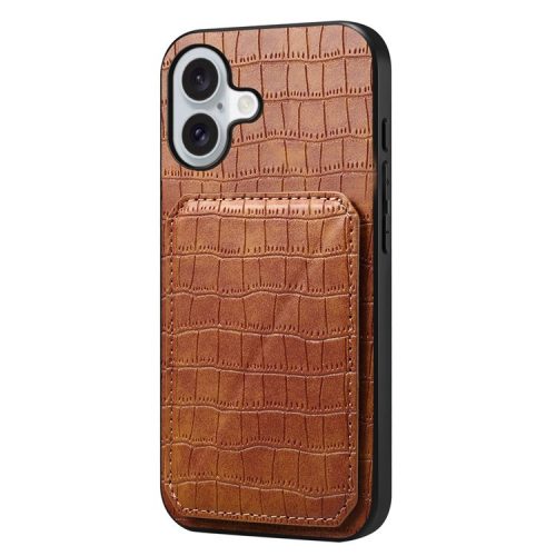 D03 Style For iPhone 16 Kickstand Case Crocodile Texture PU+PC+TPU Phone Cover with Card Slot - Brown