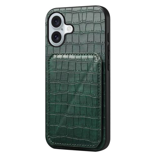 D03 Style For iPhone 16 Kickstand Case Crocodile Texture PU+PC+TPU Phone Cover with Card Slot - Green