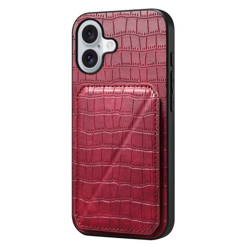 D03 Style For iPhone 16 Kickstand Case Crocodile Texture PU+PC+TPU Phone Cover with Card Slot - Red