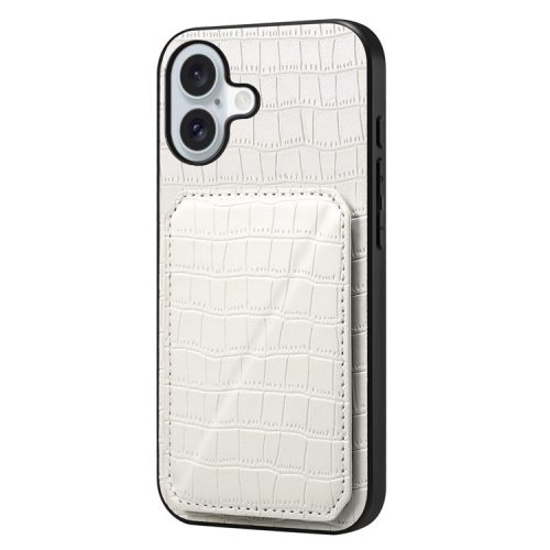 D03 Style For iPhone 16 Kickstand Case Crocodile Texture PU+PC+TPU Phone Cover with Card Slot - White