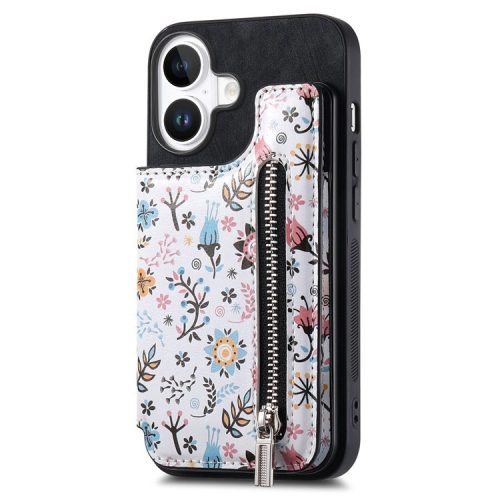 D10 For iPhone 16 Case Pattern Kickstand Wallet Leather+TPU Phone Cover RFID Blocking - Black