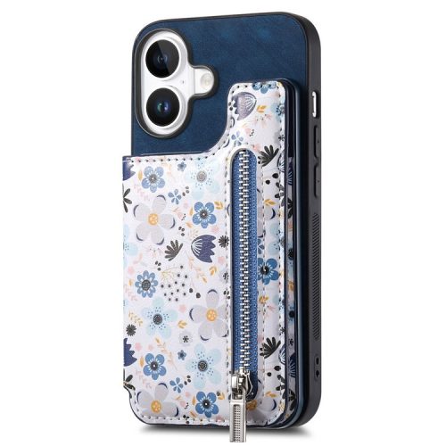 D10 For iPhone 16 Case Pattern Kickstand Wallet Leather+TPU Phone Cover RFID Blocking - Blue