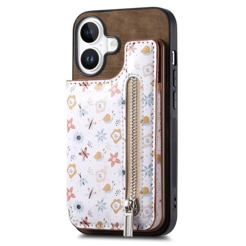 D10 For iPhone 16 Case Pattern Kickstand Wallet Leather+TPU Phone Cover RFID Blocking - Brown