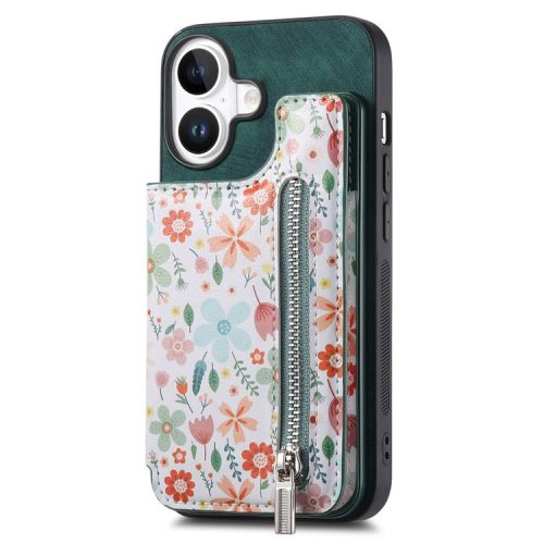 D10 For iPhone 16 Case Pattern Kickstand Wallet Leather+TPU Phone Cover RFID Blocking - Green