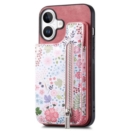 D10 For iPhone 16 Case Pattern Kickstand Wallet Leather+TPU Phone Cover RFID Blocking - Pink