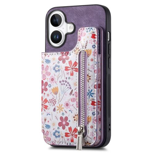 D10 For iPhone 16 Case Pattern Kickstand Wallet Leather+TPU Phone Cover RFID Blocking - Purple