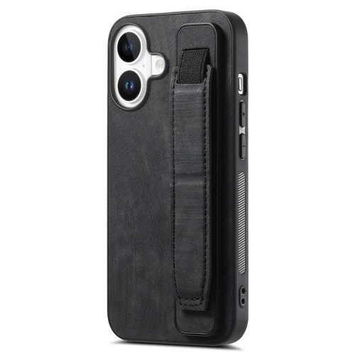 D11 For iPhone 16 Case Wristband Leather + TPU Phone Cover - Black