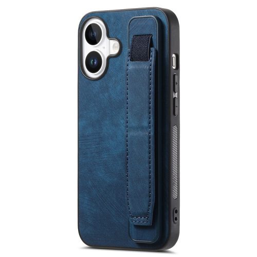 D11 For iPhone 16 Case Wristband Leather + TPU Phone Cover - Blue