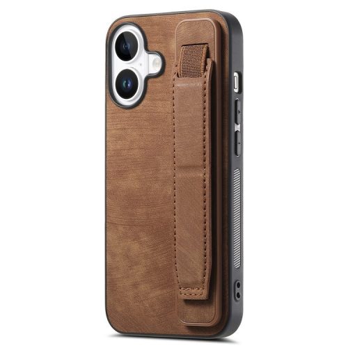 D11 For iPhone 16 Case Wristband Leather + TPU Phone Cover - Brown