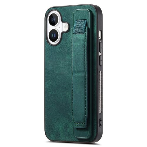 D11 For iPhone 16 Case Wristband Leather + TPU Phone Cover - Green