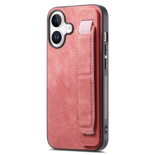 D11 For iPhone 16 Case Wristband Leather + TPU Phone Cover - Pink