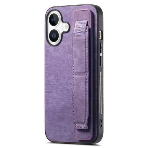 D11 For iPhone 16 Case Wristband Leather + TPU Phone Cover - Purple