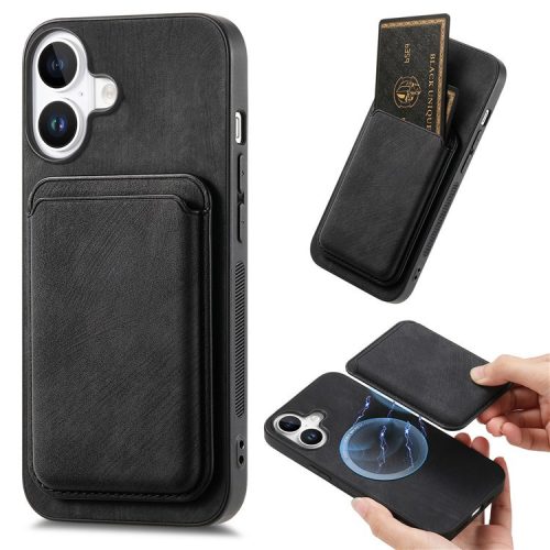 D12 For iPhone 16 Case Leather+TPU Retro Phone Cover with Detachable Card Slot - Black