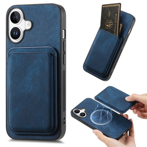 D12 For iPhone 16 Case Leather+TPU Retro Phone Cover with Detachable Card Slot - Blue