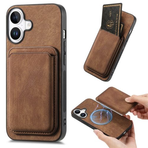 D12 For iPhone 16 Case Leather+TPU Retro Phone Cover with Detachable Card Slot - Brown