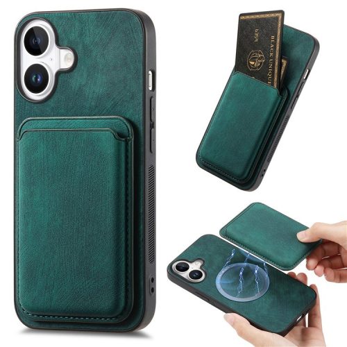 D12 For iPhone 16 Case Leather+TPU Retro Phone Cover with Detachable Card Slot - Green