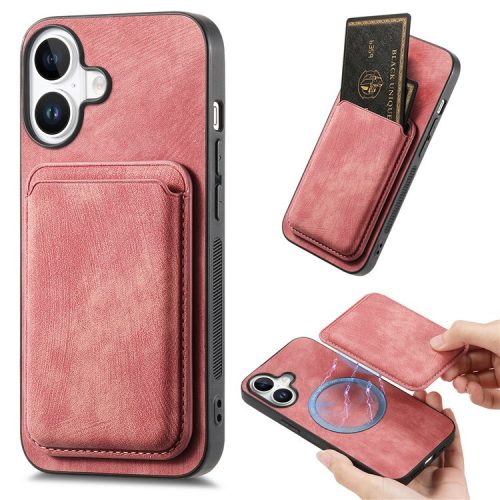 D12 For iPhone 16 Case Leather+TPU Retro Phone Cover with Detachable Card Slot - Pink